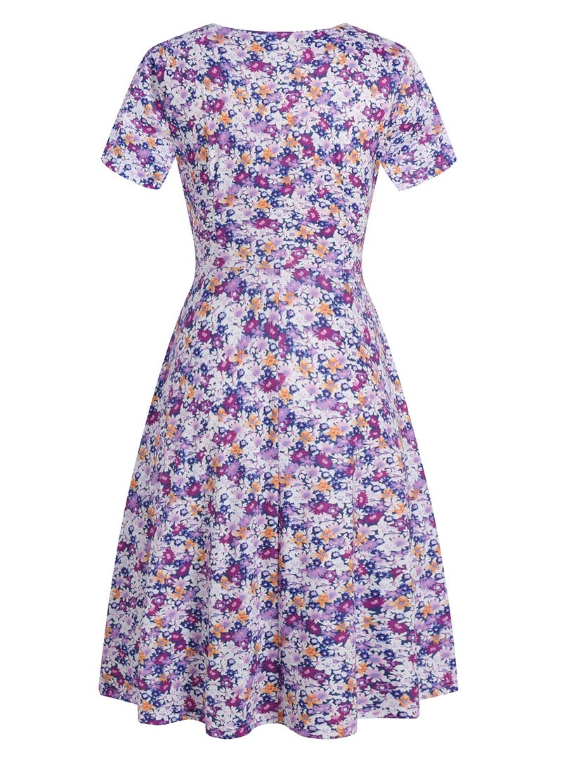 HELYO Women's Elegant Criss-Cross V Neck Vintage Short Sleeve Work Casual Fit and Flare Tea Dress with Pockets 980 (M, Purple Floral) - Image 4