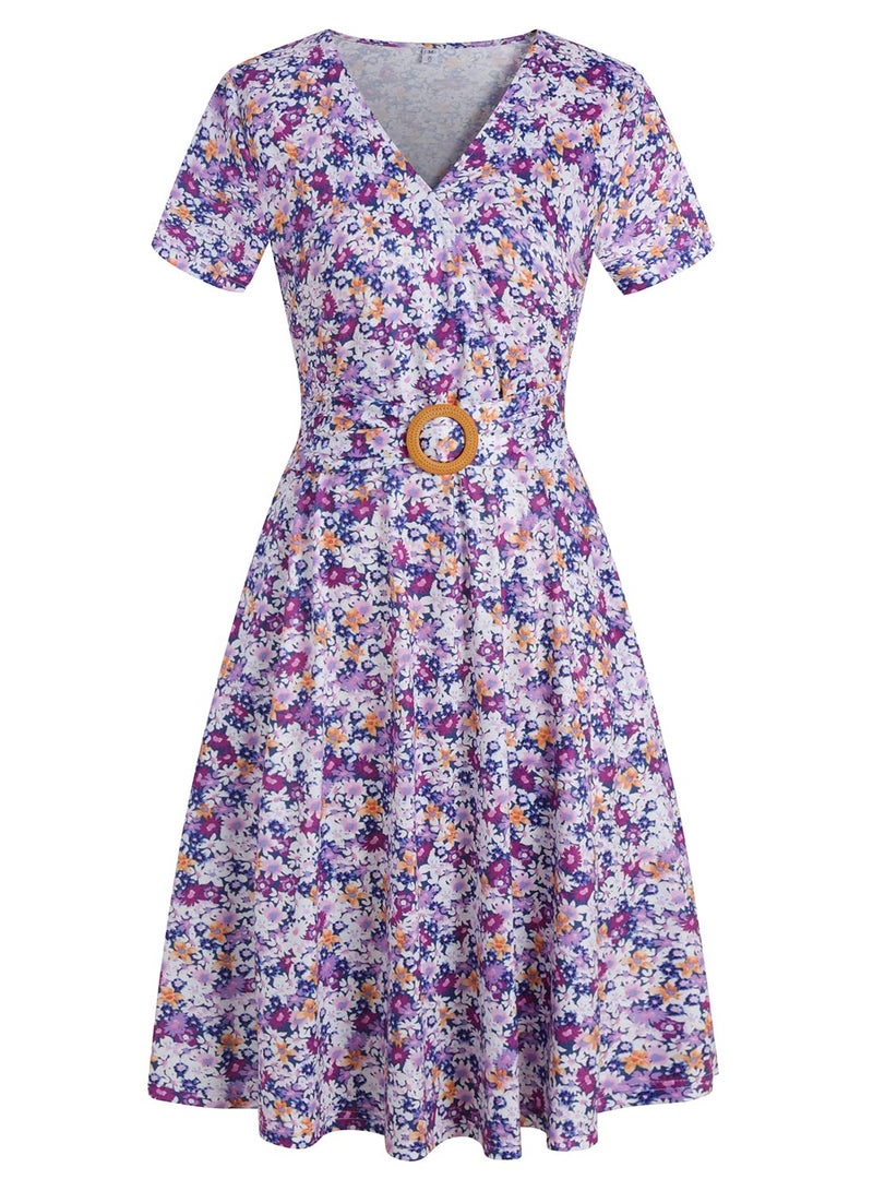 HELYO Women's Elegant Criss-Cross V Neck Vintage Short Sleeve Work Casual Fit and Flare Tea Dress with Pockets 980 (M, Purple Floral) - Image 3