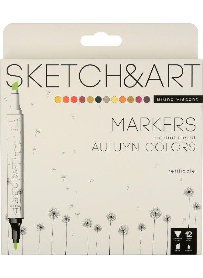 Bruno Visconti "sketch & Art" Double-Sided Marker Pen 12 Colors-Autumn Landscape  - Image 1
