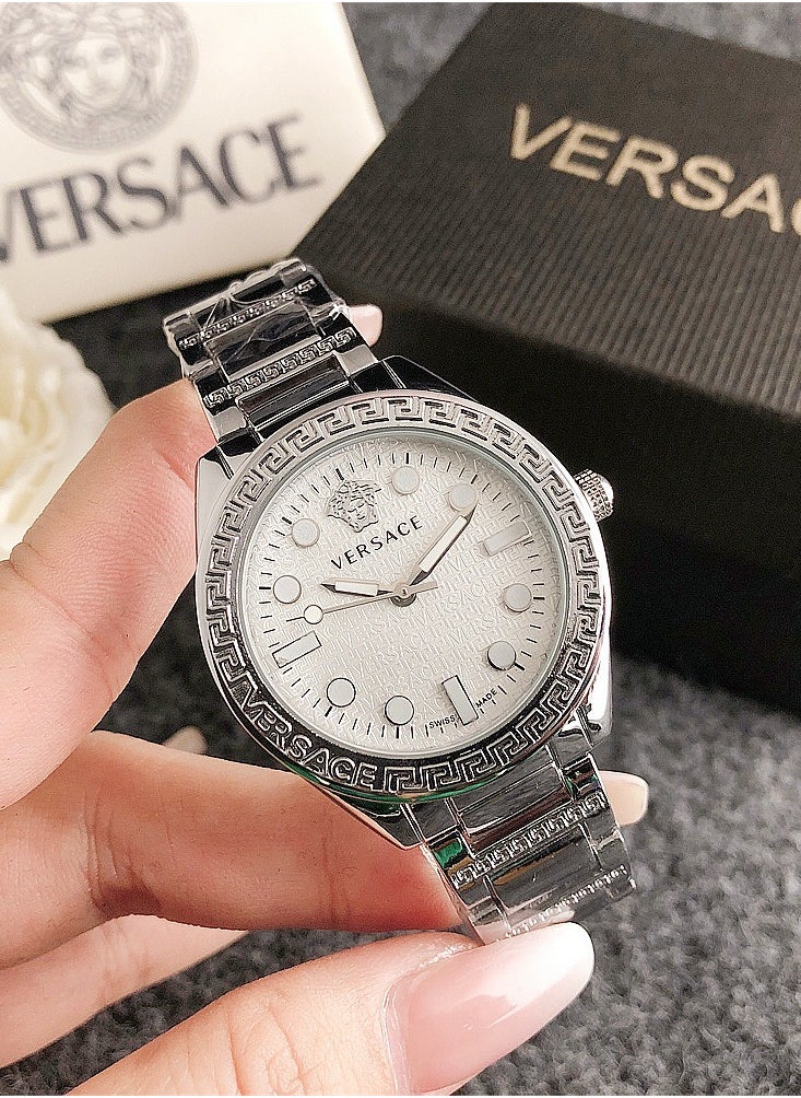 VERSACE - Versace Classic Cubic Zirconia Women's Quartz Watch with Silver Stainless Steel Strap34mm - Image 1
