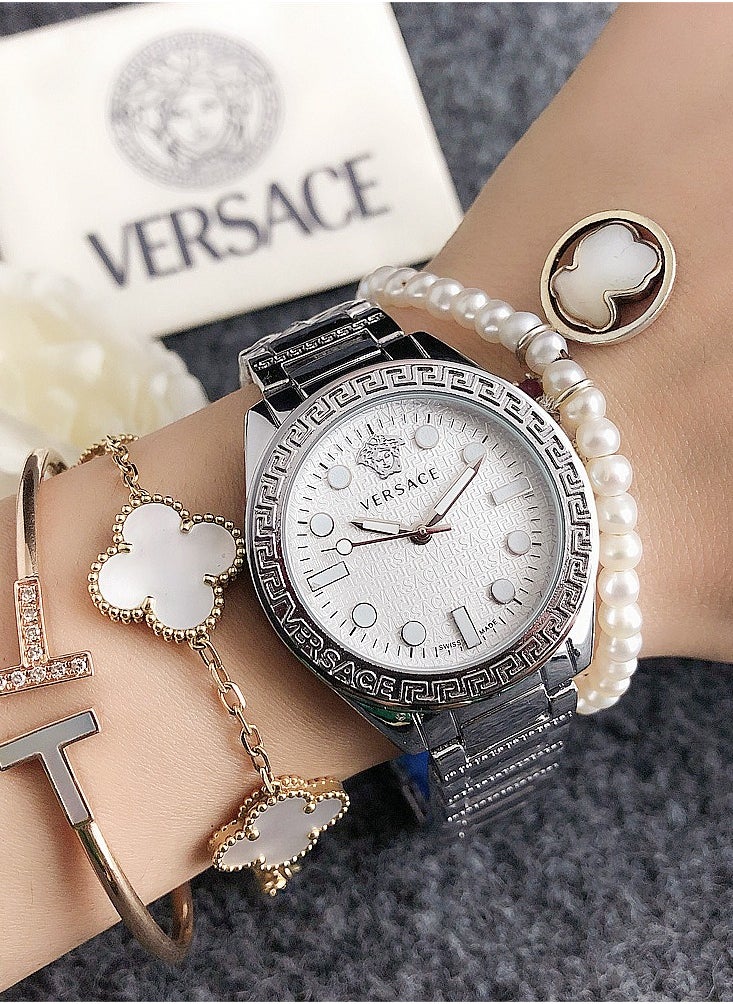 VERSACE - Versace Classic Cubic Zirconia Women's Quartz Watch with Silver Stainless Steel Strap34mm - Image 1
