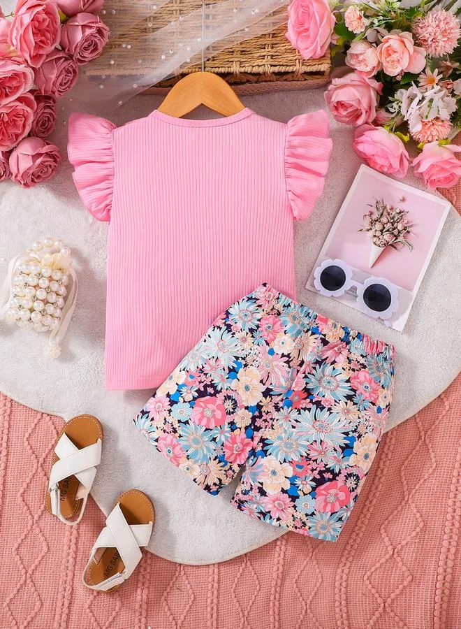Take Two Girls Pink Frill Sleeve Top and Floral Print Shorts Set