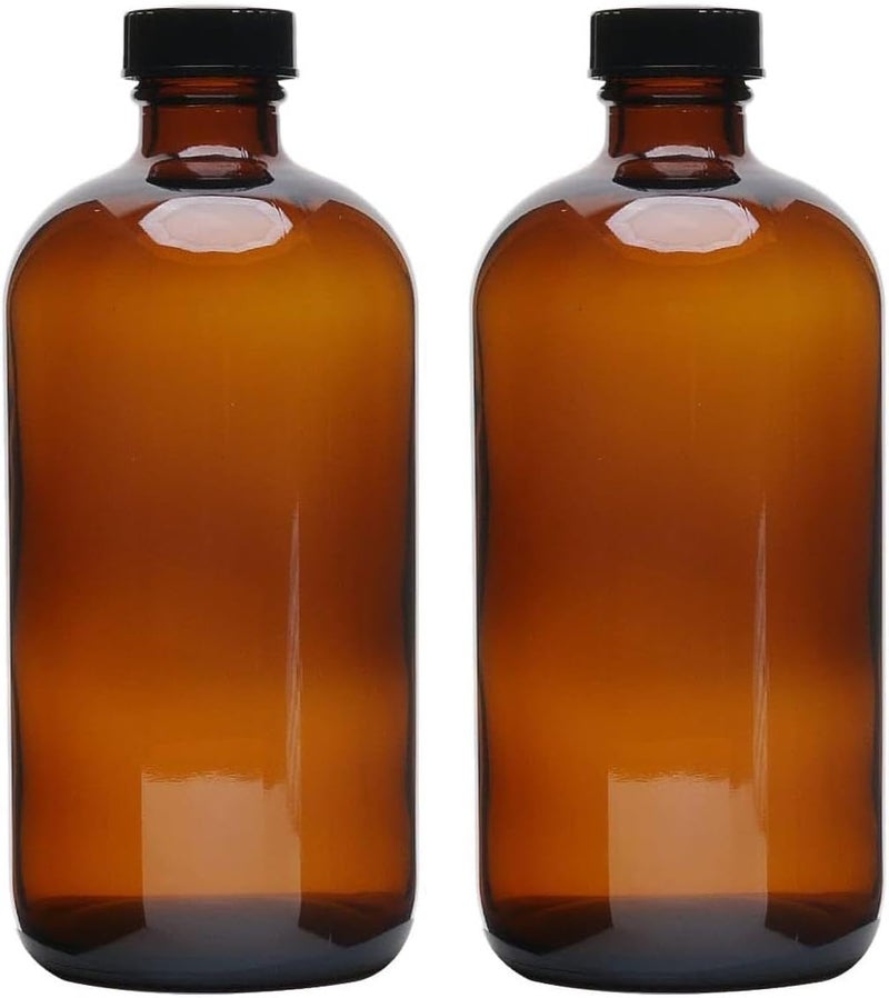 FUFU Amber Glass Bottles - 250ml Amber Glass Boston Round Bottles for Essential Oil Blends Bathroom Shampoo Lotion Container Lab Reagent Bottles with Lid 2 Pcs (500ML) - Image 1