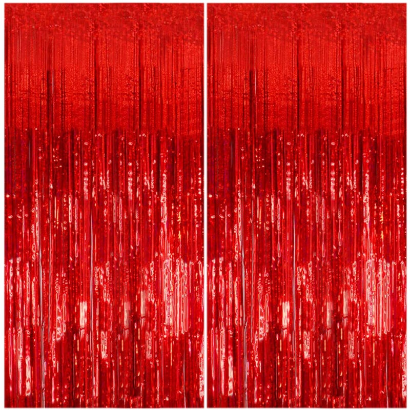K.E.J. 2 Pack Foil Curtain Backdrop Red Metallic Tinsel Foil Fringe Curtains Photo Booth Props for Birthday Wedding Engagement Baby Shower Bachelorette Christmas Holiday Celebration Party Decorations - Image 1
