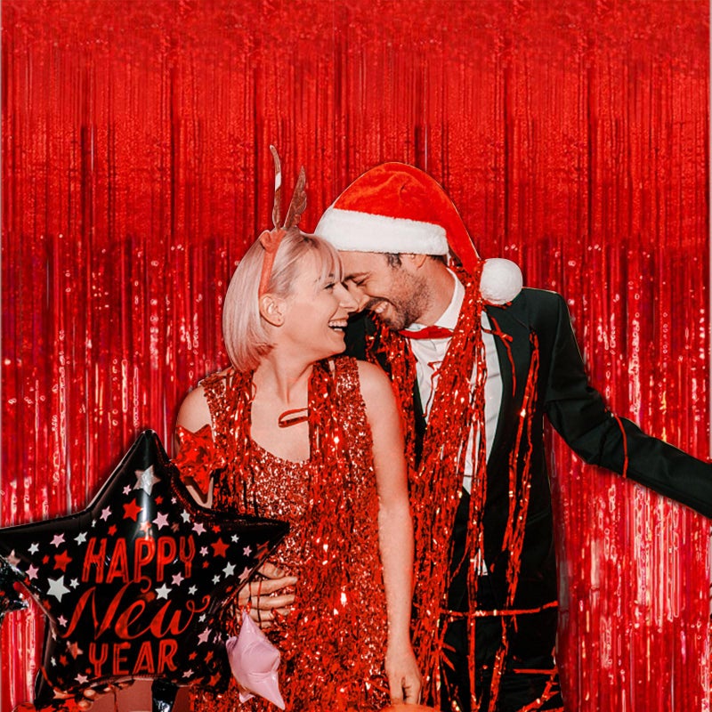 K.E.J. 2 Pack Foil Curtain Backdrop Red Metallic Tinsel Foil Fringe Curtains Photo Booth Props for Birthday Wedding Engagement Baby Shower Bachelorette Christmas Holiday Celebration Party Decorations - Image 5