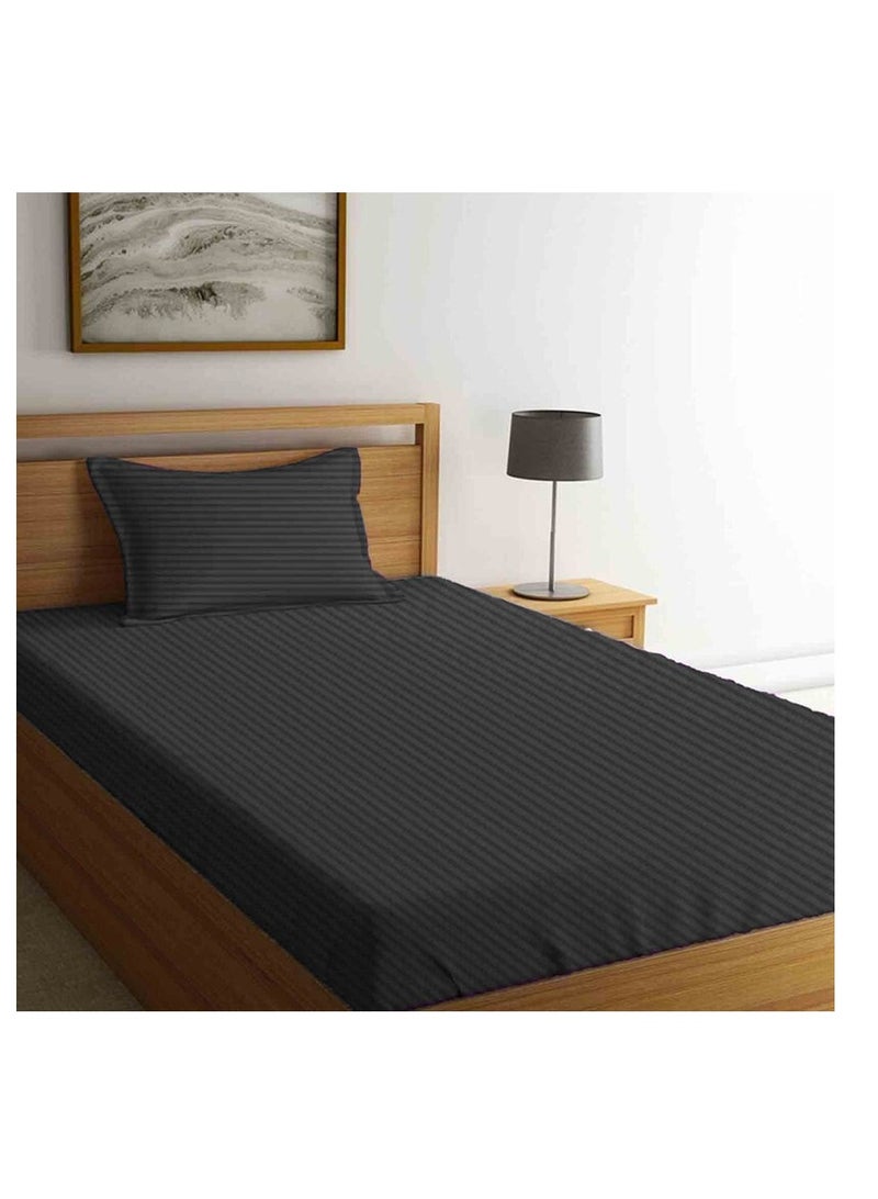 BYFT Tulip (Charcoal) Single Size Fitted Sheet with 1 cm Satin Stripe (90 x 210 + 30 Cm-Set of 1 Pc) 100% Cotton, Soft and Luxurious Hotel Quality Bed linen-300 TC - Image 1