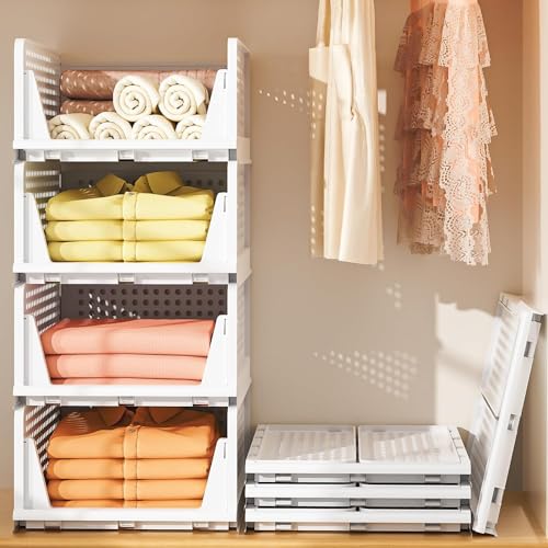 VERAT 4 Pieces Wardrobe Organizer/Stackable Drawers/Storage Organiser/Foldable/Almirah/Closet Basket/Cupboard/Shirt Storage Stacker/Cloth Box for Almirah/Plastic Baske(White) - Image 1