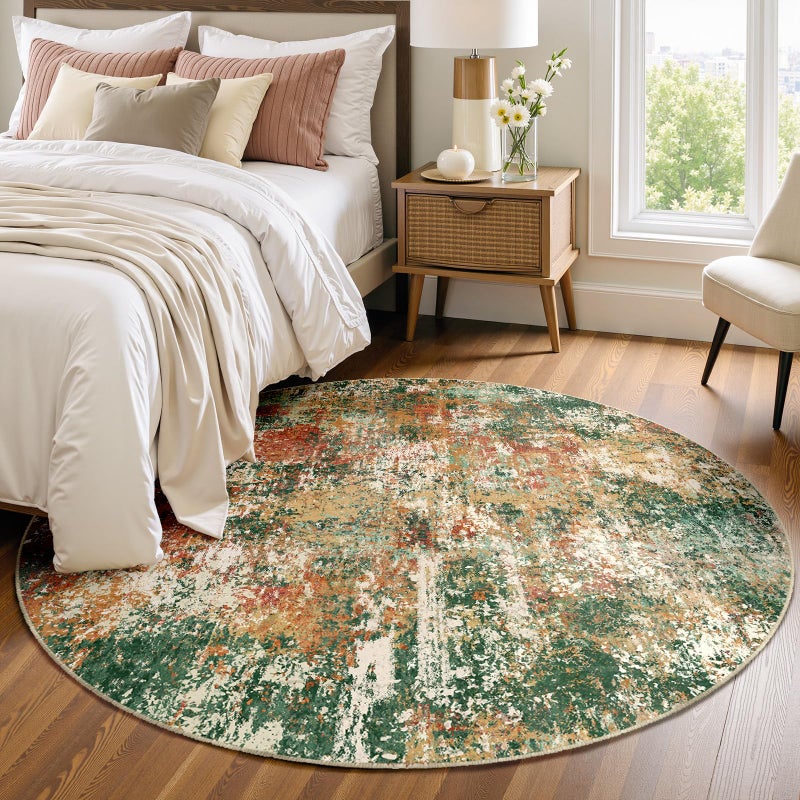 RELEANY Washable Area Rugs 4ft Non-Slip Modern Abstract Soft for Living Room Entryway Bedroom Nursery  Print Pattern  Green Orange Rust Red Cream Colorful - Image 2