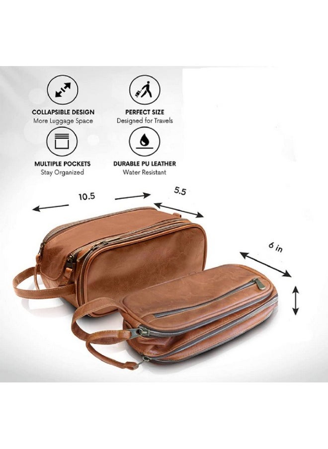 CONTACTS Pu Leather Toiletry Bag For Men Or Women Toiletries Kit For Travel Organizer Leather Bag-Codopp-Tan, 14 Cm, Large  - Image 4