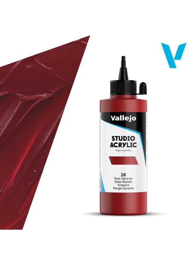 Vallejo Acrylic Paint for Artists 26 Rose Madder 200ml – Studio Grade, Lightfast & Non-Toxic