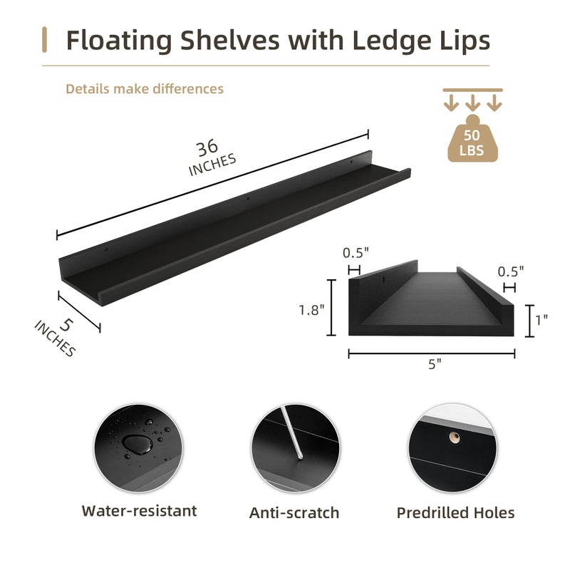 Acovy Picture Ledge Shelf, Wood Floating Shelves Set of 2, 36 inch Picture Ledge Shelves, Photo Ledge Nursery Book Shelves Wall Mounted for Living Room Kids' Room Bedroom, Color Black - Image 4