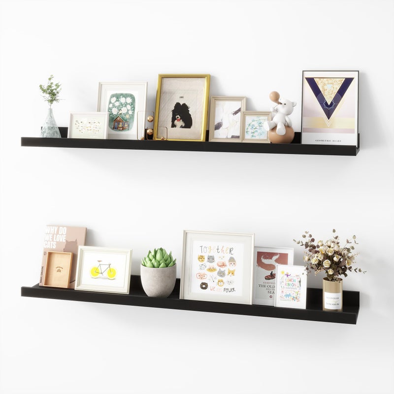Acovy Picture Ledge Shelf, Wood Floating Shelves Set of 2, 36 inch Picture Ledge Shelves, Photo Ledge Nursery Book Shelves Wall Mounted for Living Room Kids' Room Bedroom, Color Black - Image 1