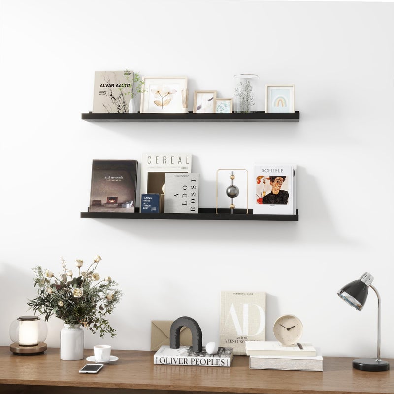 Acovy Picture Ledge Shelf, Wood Floating Shelves Set of 2, 36 inch Picture Ledge Shelves, Photo Ledge Nursery Book Shelves Wall Mounted for Living Room Kids' Room Bedroom, Color Black - Image 3