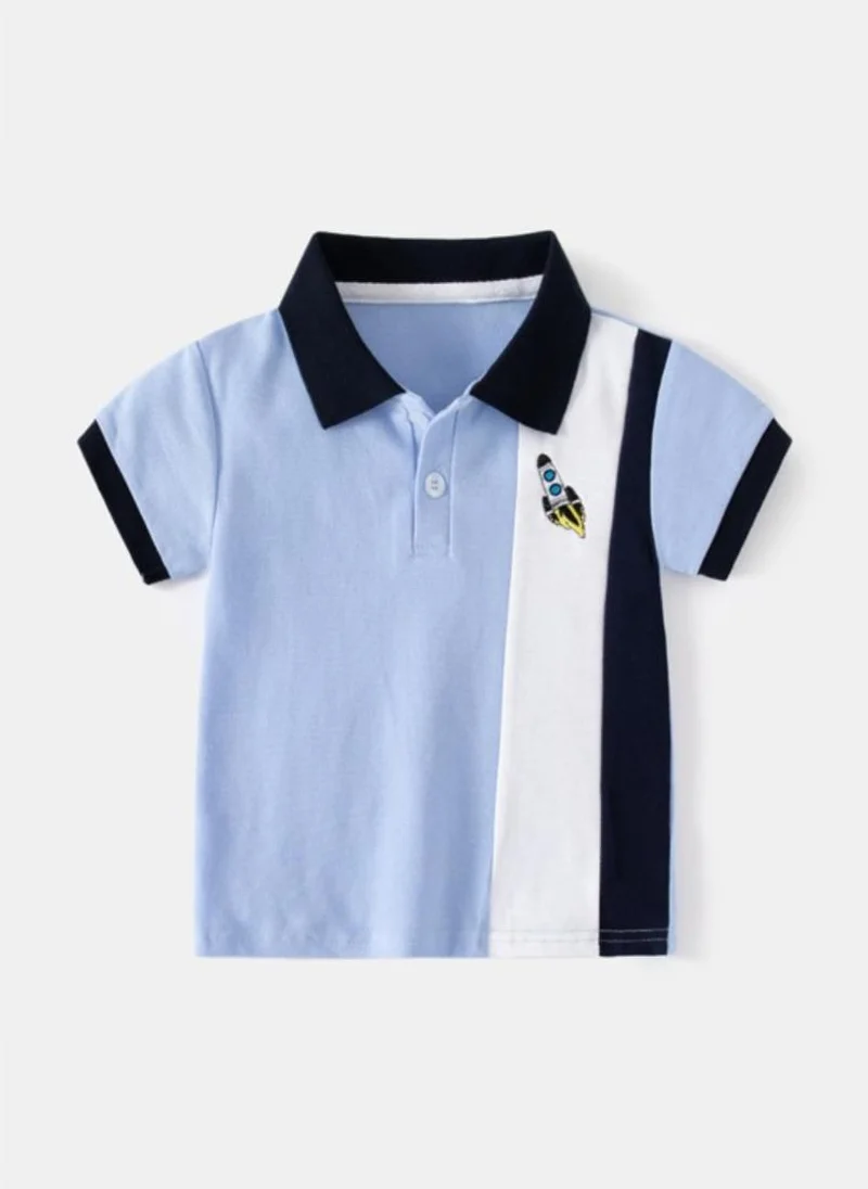 يونيكي Blue Colour Blocked Polo Collar Pure Cotton T-shirt