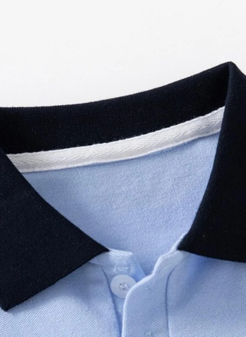 YUNIQEE Blue Colour Blocked Polo Collar Pure Cotton T-shirt