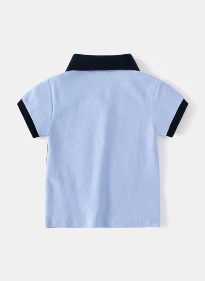 يونيكي Blue Colour Blocked Polo Collar Pure Cotton T-shirt