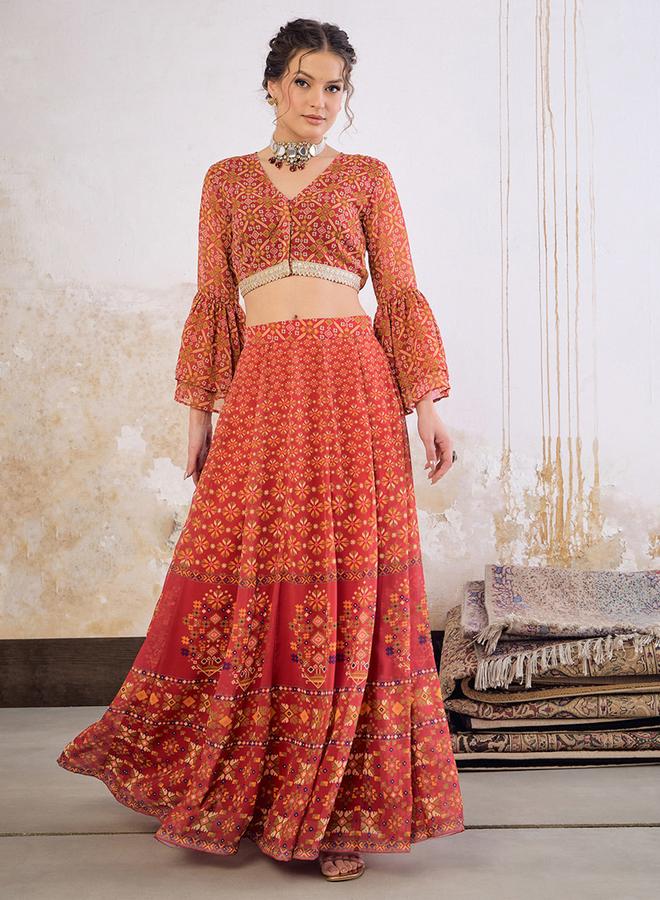 SASSAFRAS Floral Frill Sleeves Crop Top and Anarkali Skirt Co-Ords - Image 1