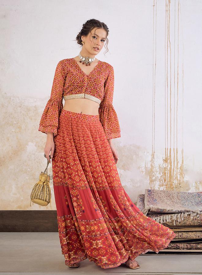 SASSAFRAS Floral Frill Sleeves Crop Top and Anarkali Skirt Co-Ords - Image 2