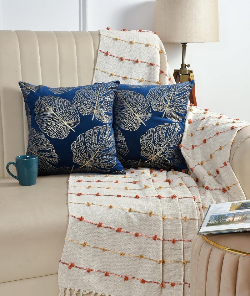 AEROHAVEN™ Rose Set of 2 Gold Leaf Printed Hand Made Velvet Throw/Pillow Cushion Covers - CC-226 - (Blue, 16 x 16 Inch) - Image 1
