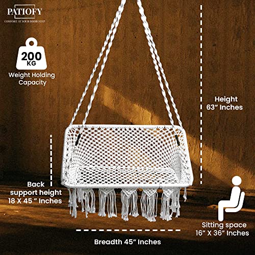 Patiofy Premium Large Double Seater Swing Hanging Hammock Swing Chair/Jhula for Adults/ 2 Seater Swing for Balcony, Indoor & Outdoor, Home/Includes Free Hanging Accessories & Cushion-White - Image 5