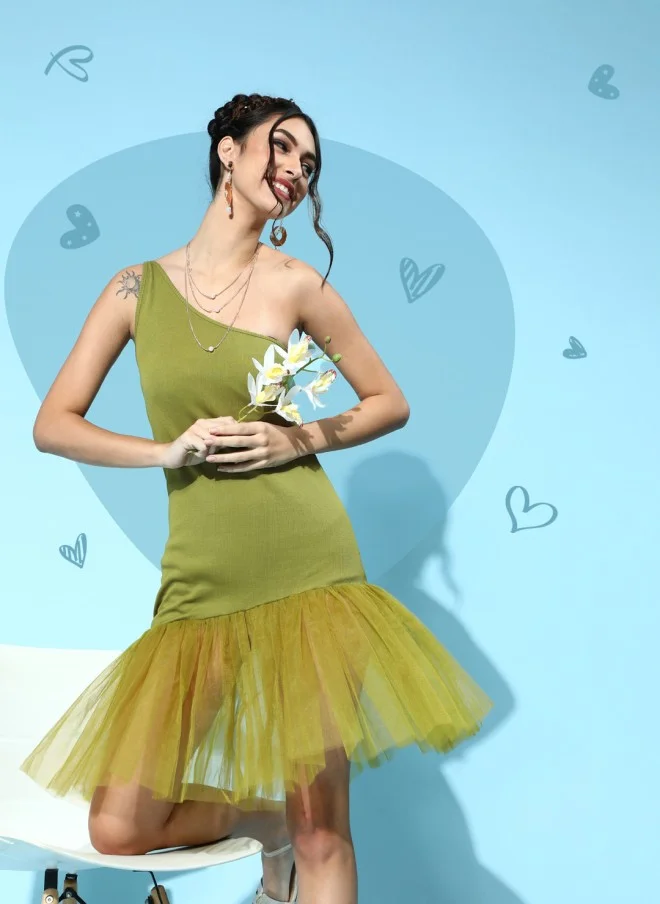 SASSAFRAS Green One Shoulder A-Line Dress for Women