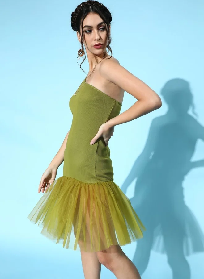 SASSAFRAS Green One Shoulder A-Line Dress for Women