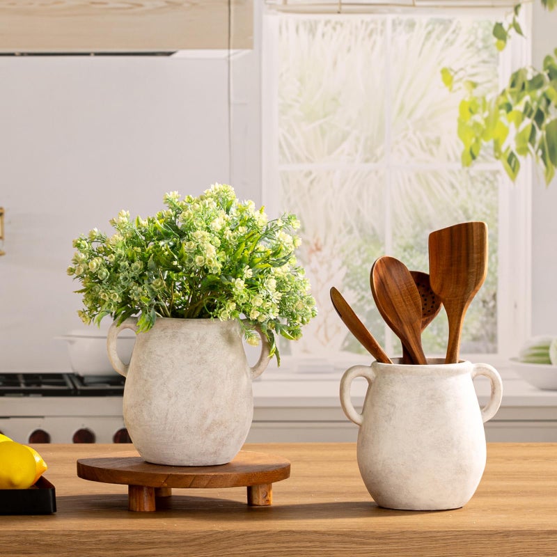 Vanselia Ceramic Flower Vase Home Decor - 7.1 Inch White Rustic Table Flowers Vases Living Room Bedroom Plant Decoration Modern Farmhouse Vintage for Kitchen Shelf Office Coffee Dining Desk House Women - Image 3