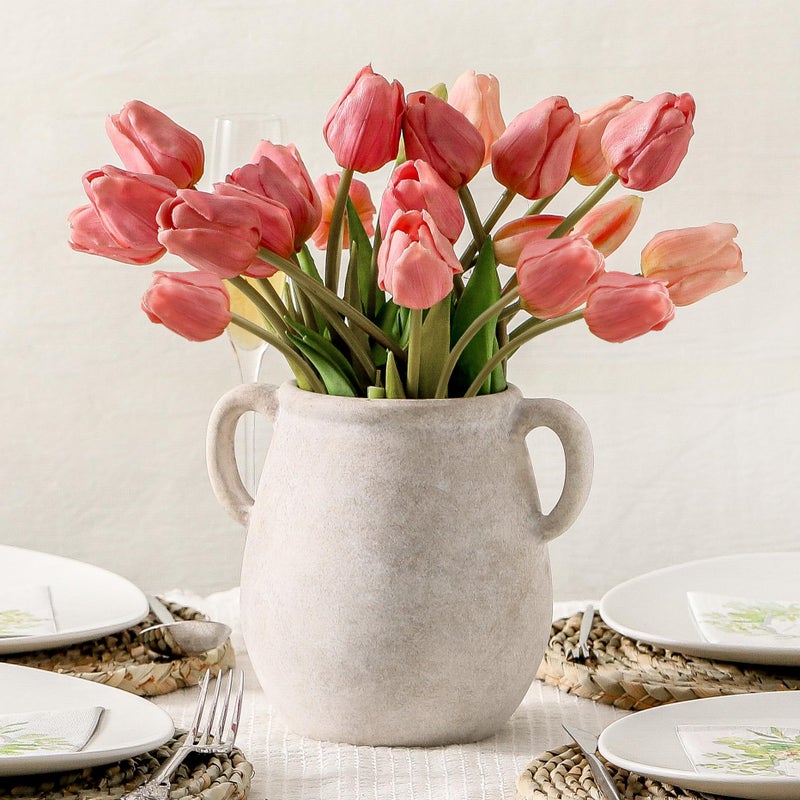 Vanselia Ceramic Flower Vase Home Decor - 7.1 Inch White Rustic Table Flowers Vases Living Room Bedroom Plant Decoration Modern Farmhouse Vintage for Kitchen Shelf Office Coffee Dining Desk House Women - Image 1