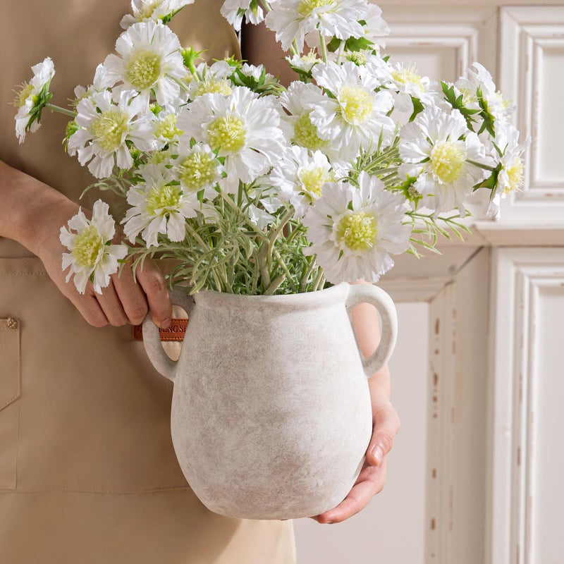 Vanselia Ceramic Flower Vase Home Decor - 7.1 Inch White Rustic Table Flowers Vases Living Room Bedroom Plant Decoration Modern Farmhouse Vintage for Kitchen Shelf Office Coffee Dining Desk House Women - Image 4