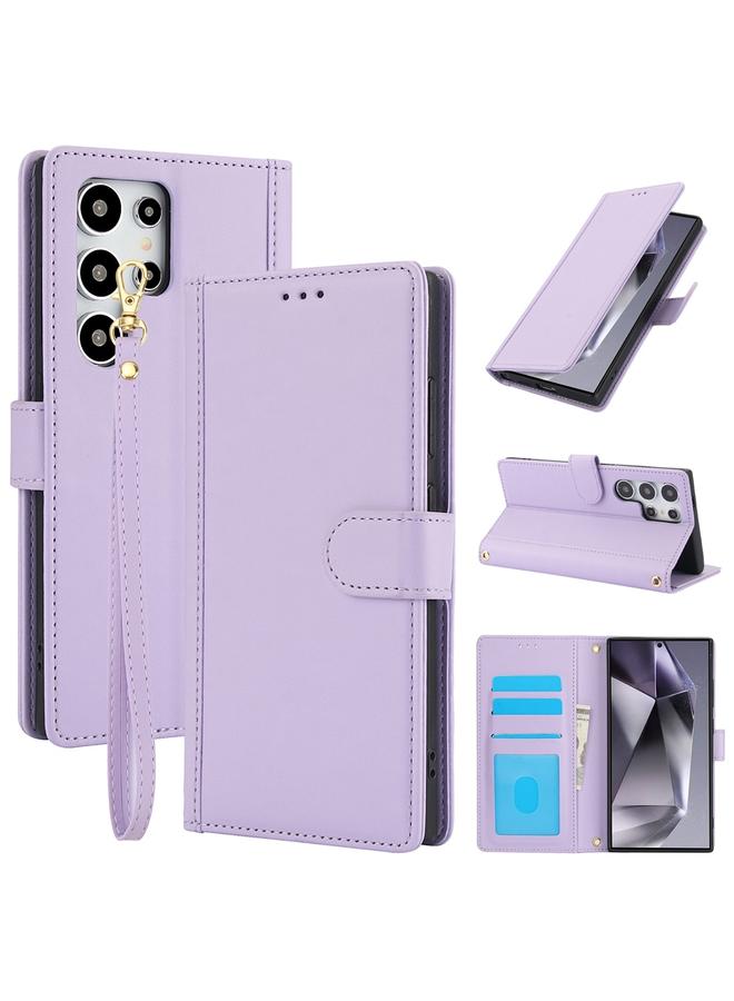 S-TOP Case For Samsung Galaxy S25 Ultra 5G Skin Feel Pure Color Card Slots Leather Phone Case with Dual Lanyard