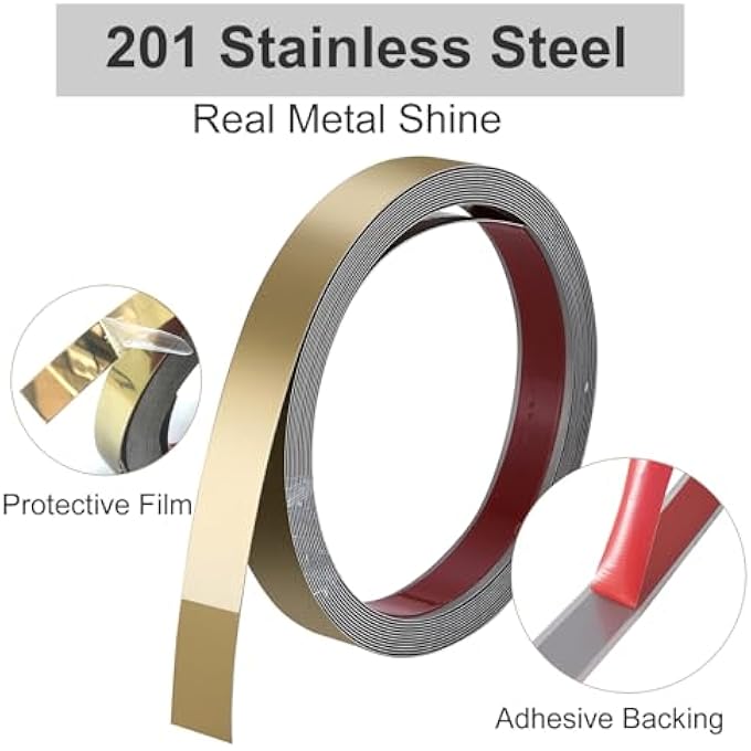 MIRROR GOLD MOLDING TRIM (16.4FT X 1.6INCH) PEEL AND STICK TRIM GLOSSY FINISH SELF-ADHESIVE STAINLESS STEEL DIY ACCENT FOR WALL, CEILING, FLOOR, DOOR, WINDOW, FURNITURE EDGES - Image 3