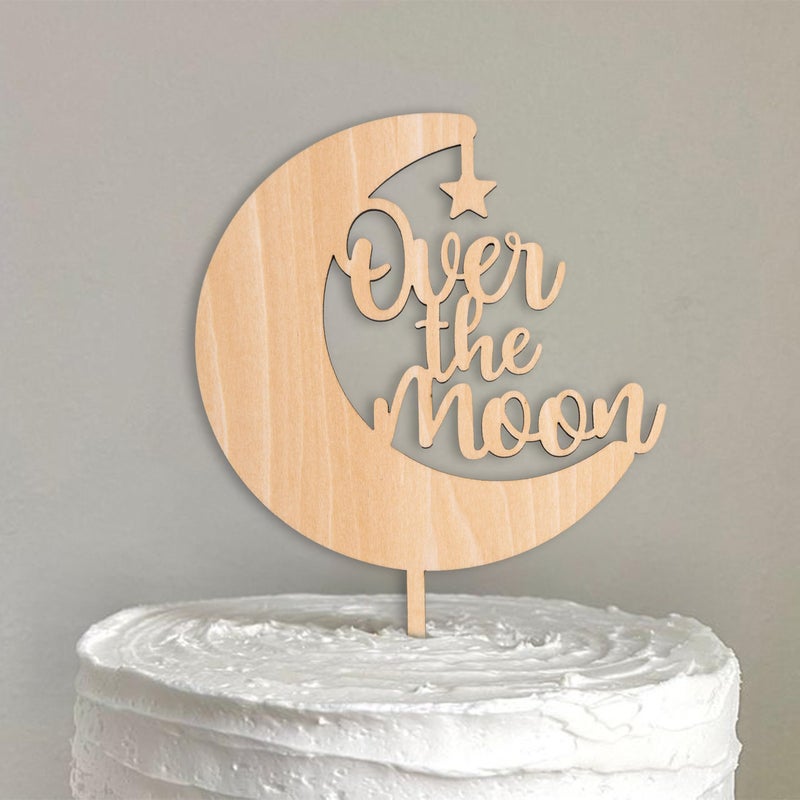 MUWEOL Over The Moon Cake Topper - Gender Reveal Wooden Cake Topper - Image 1