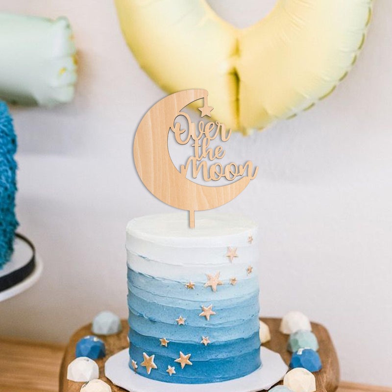 MUWEOL Over The Moon Cake Topper - Gender Reveal Wooden Cake Topper - Image 4