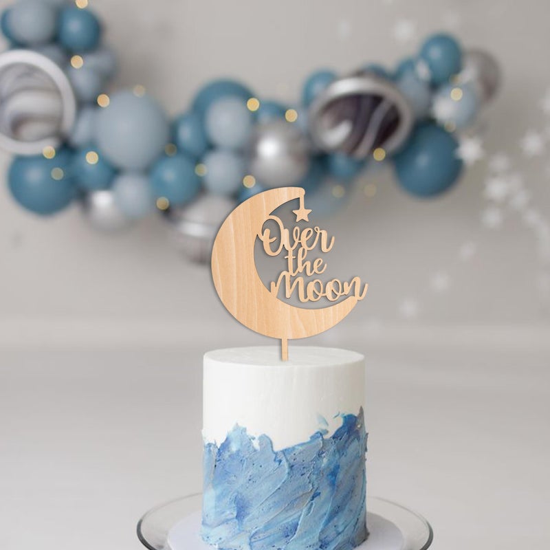 MUWEOL Over The Moon Cake Topper - Gender Reveal Wooden Cake Topper - Image 2