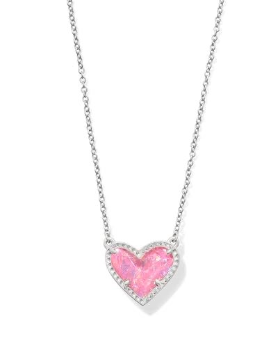 Kendra Scott Ari Heart Short Pendant Necklace in Pink Iridescent Glitter Glass RhodiumPlated Brass Fashion Jewelry for Women - Image 1