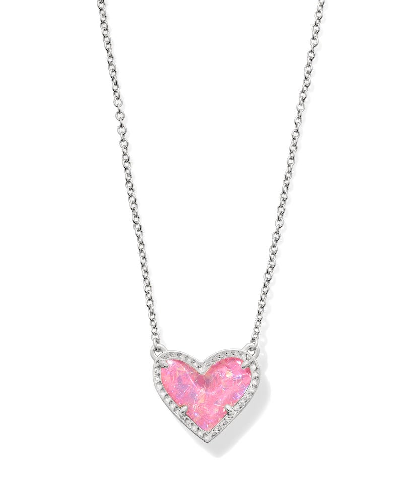 Kendra Scott Ari Heart Short Pendant Necklace in Pink Iridescent Glitter Glass RhodiumPlated Brass Fashion Jewelry for Women - Image 2