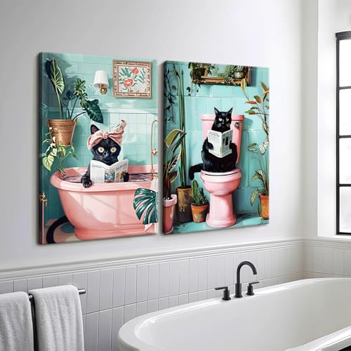 SHVCHBK 2 Pcs Framed Cute Black Cat Bathroom Wall Art Funny Cat Reading Newspaper Paintings Pictures Wall Decor Pink Animal Plant Posters Prints for Bathroom Toilet Decorations Ready to Hang 12x16in - Image 5