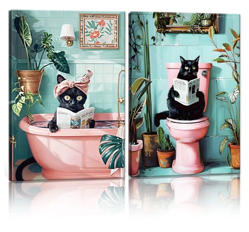 SHVCHBK 2 Pcs Framed Cute Black Cat Bathroom Wall Art Funny Cat Reading Newspaper Paintings Pictures Wall Decor Pink Animal Plant Posters Prints for Bathroom Toilet Decorations Ready to Hang 12x16in - Image 1