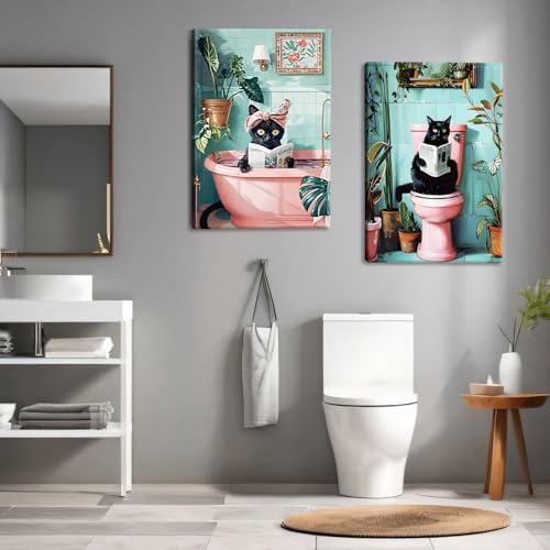 SHVCHBK 2 Pcs Framed Cute Black Cat Bathroom Wall Art Funny Cat Reading Newspaper Paintings Pictures Wall Decor Pink Animal Plant Posters Prints for Bathroom Toilet Decorations Ready to Hang 12x16in - Image 4
