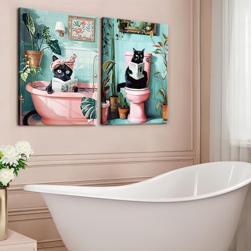 SHVCHBK 2 Pcs Framed Cute Black Cat Bathroom Wall Art Funny Cat Reading Newspaper Paintings Pictures Wall Decor Pink Animal Plant Posters Prints for Bathroom Toilet Decorations Ready to Hang 12x16in - Image 3