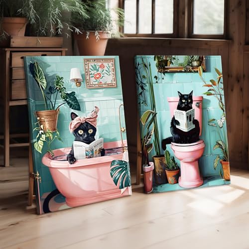 SHVCHBK 2 Pcs Framed Cute Black Cat Bathroom Wall Art Funny Cat Reading Newspaper Paintings Pictures Wall Decor Pink Animal Plant Posters Prints for Bathroom Toilet Decorations Ready to Hang 12x16in - Image 2