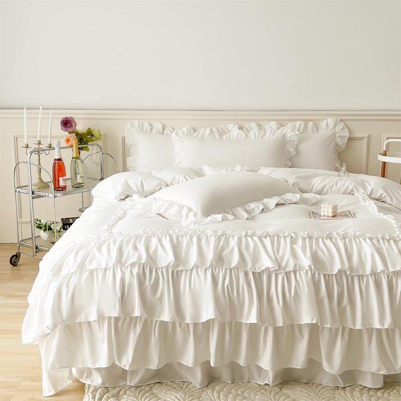 IHOUSTRIY Ruffle Duvet Cover Queen Size,100% Washed Microfiber 3pcs Bedding Duvet Cover Set, Shabby Chic Farmhouse Duvet Cover and Pillow Shams, Zipper Closure & Corner Ties, Easy Care, White - Queen - Image 1
