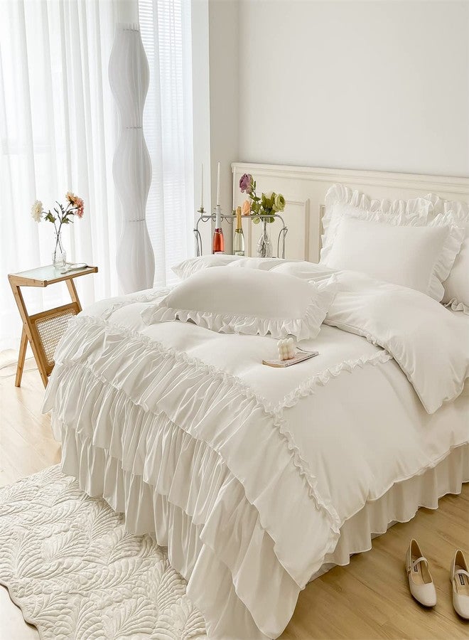 IHOUSTRIY Ruffle Duvet Cover Queen Size,100% Washed Microfiber 3pcs Bedding Duvet Cover Set, Shabby Chic Farmhouse Duvet Cover and Pillow Shams, Zipper Closure & Corner Ties, Easy Care, White - Queen - Image 3