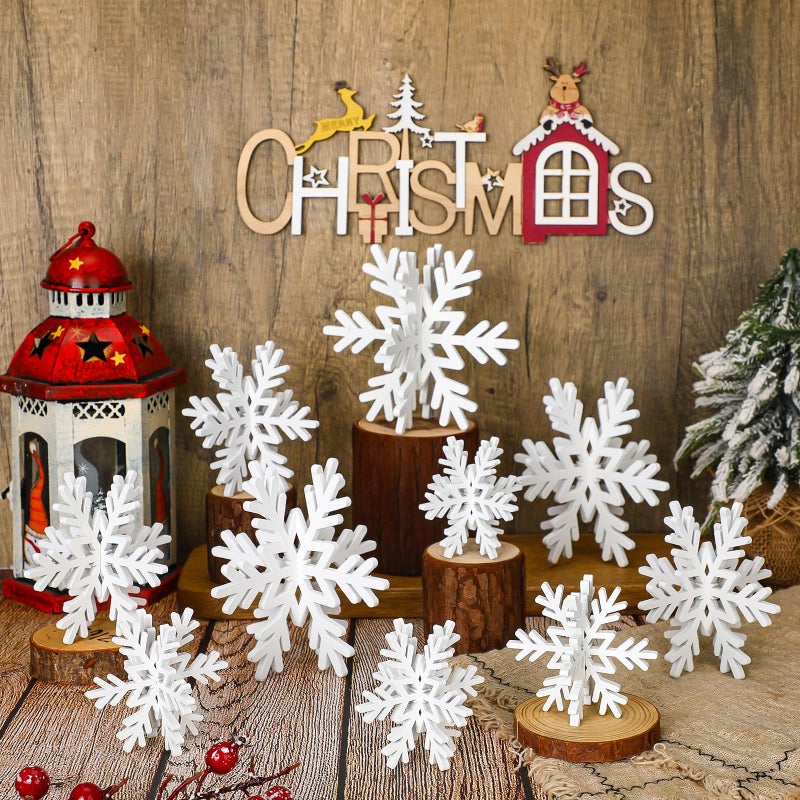 Qunclay 20 Pcs Wooden Snowflake Decorations 3D Snowflake Tabletop Decor Christmas Signs and Centerpiece for Winter Wonderland Decorations Xmas Tiered Tray DecorWhite