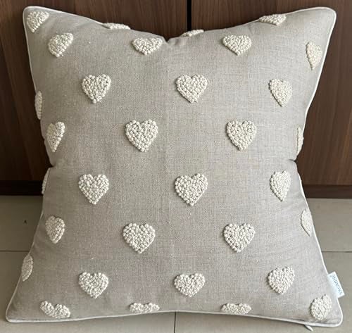 VAGMINE Hand Embroidered Valentine’s Day Gift Throw Pillow Cover - 18x18 Natural Linen - French Knotted Hearts - Image 1