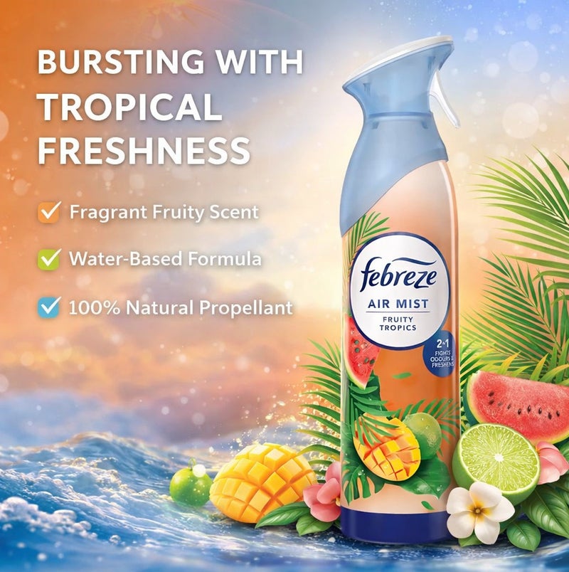 Febreze Air Mist Fruity Tropics 185ml Air Freshener Spray, Long Lasting Tropical Fragrance, Odor Eliminator Spray, Water Based Formula, Natural Propellant Home Bathroom Bedroom Office Freshener - Image 3