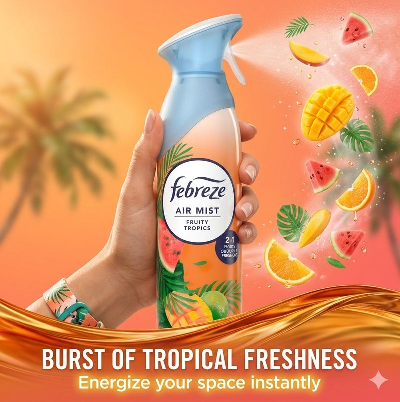 Febreze Air Mist Fruity Tropics 185ml Air Freshener Spray, Long Lasting Tropical Fragrance, Odor Eliminator Spray, Water Based Formula, Natural Propellant Home Bathroom Bedroom Office Freshener - Image 4