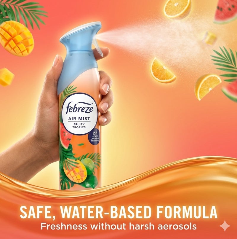 Febreze Air Mist Fruity Tropics 185ml Air Freshener Spray, Long Lasting Tropical Fragrance, Odor Eliminator Spray, Water Based Formula, Natural Propellant Home Bathroom Bedroom Office Freshener - Image 5