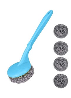 EasyLife Long Handle Washing Up Scourer Non-Scratch Wire Brush Scrub Plus 4 Extra Scouring Pad Ball  - Image 1