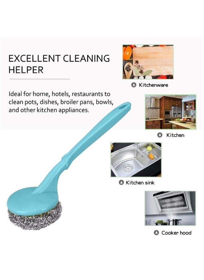 EasyLife - Long Handle Washing Up Scourer Non-Scratch Wire Brush Scrub Plus 4 Extra Scouring Pad Ball - Image 1